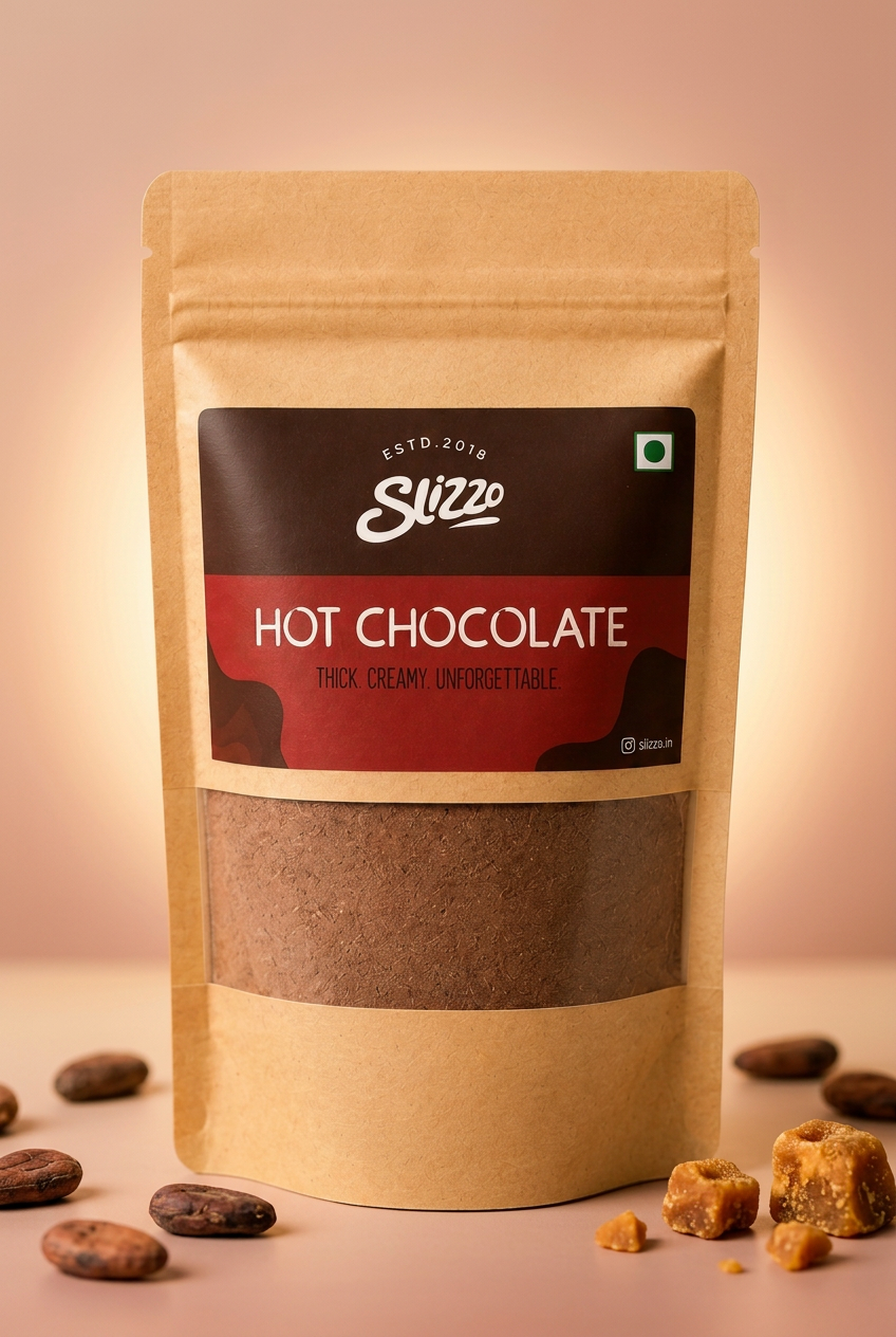Slizzo Hot Chocolate Mix pouch with cocoa beans and jaggery