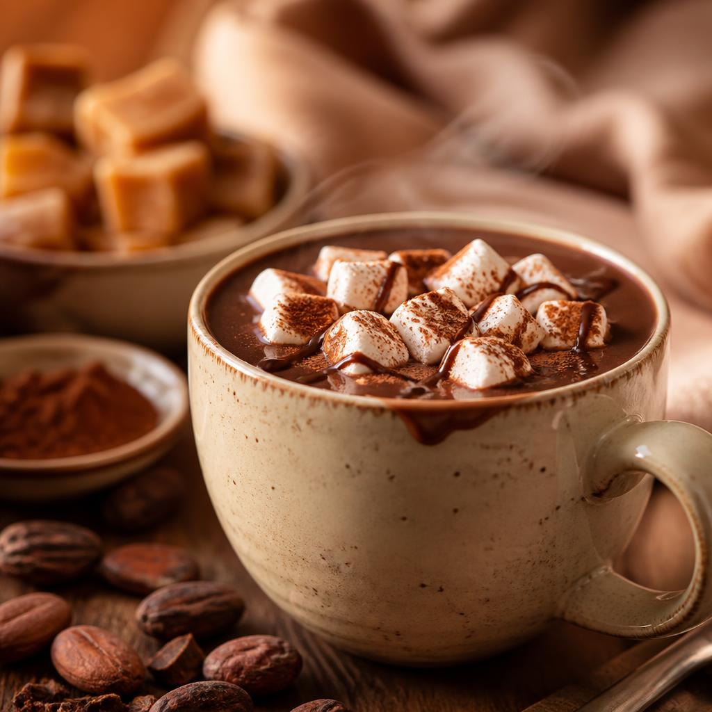 Steaming mug of Slizzo hot chocolate topped with marshmallows and chocolate shavings